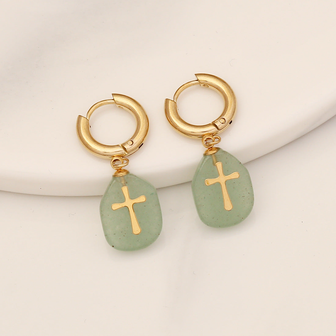 Venta al por mayor Pendientes de acero inoxidable con cruz de piedra natural